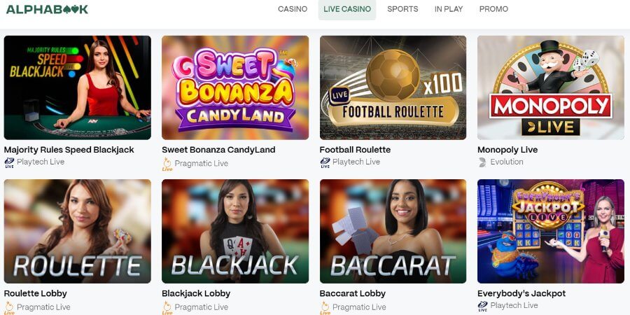 Live casino games at Alphabook casino