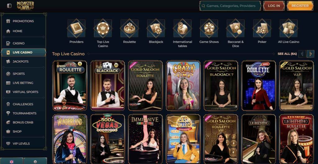 Live dealer games titles at Monsterwin