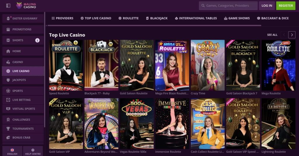live dealer titles at MalinaCasino UAE