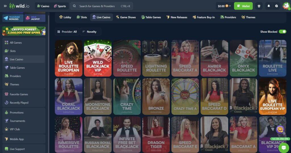 Live casino games at Wild.io 
