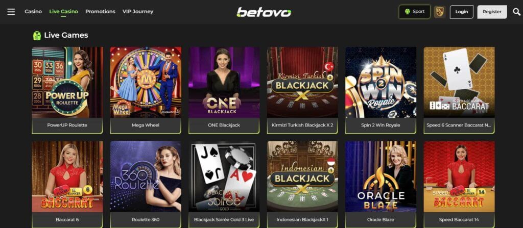 live casino games at betovo