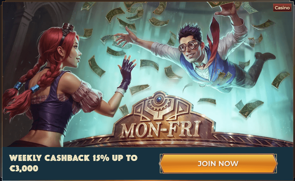 Monsterwin cashback bonus 15% back on their losses from the previous week